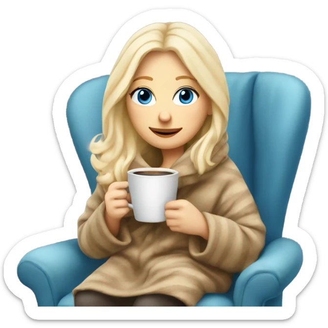 Blonde hair blue eyed white girl covered in blanket winter vibe sitting on a cozy chair holding coffee sticker