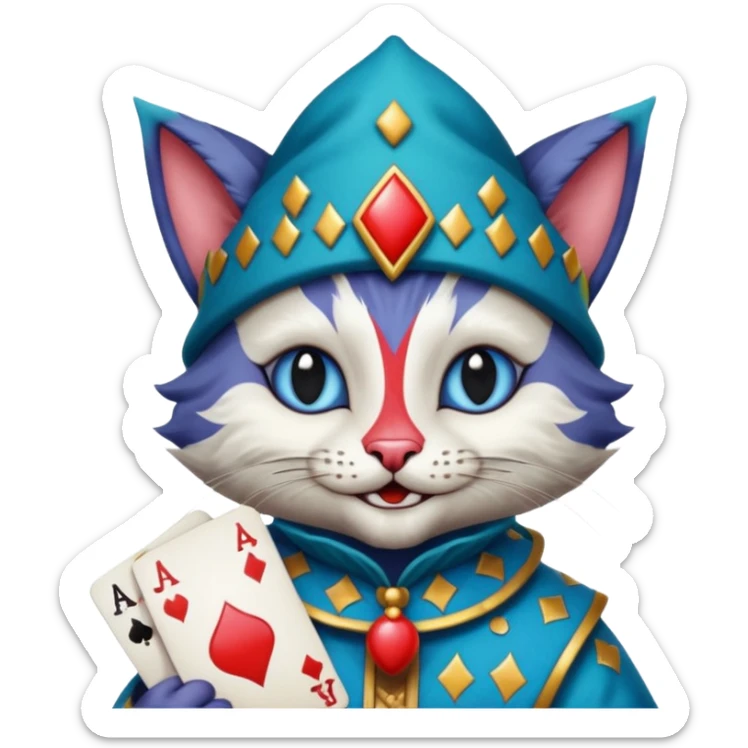 crazy colorful cute little cat jolly joker from poker, medieval, vintage, court jester, mac os icon, blue color, holds a poker card sticker