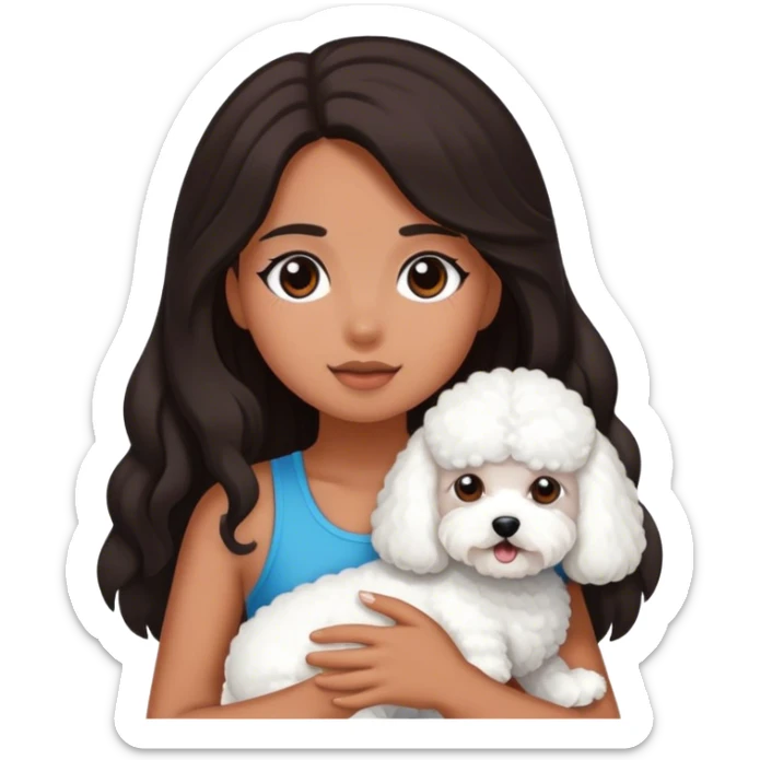 A tanned girl with dark, long hair and a bichon sticker