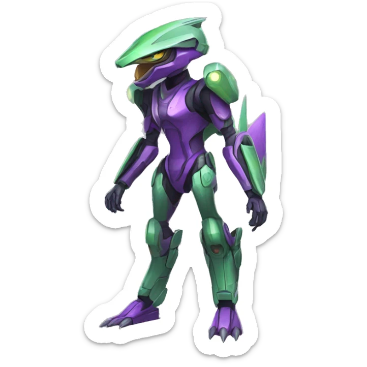 a purple-green Genesect-Raptor-Fakémon—hybrid with a futuristic visor-helmet full body sticker