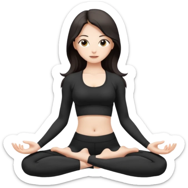 Девушка белокожая, с длинными темными волосами, в черной одежде для йоги, стоит в позе лотоса, в стиле бимбо пилатес, правильные пропорции, только человек sticker