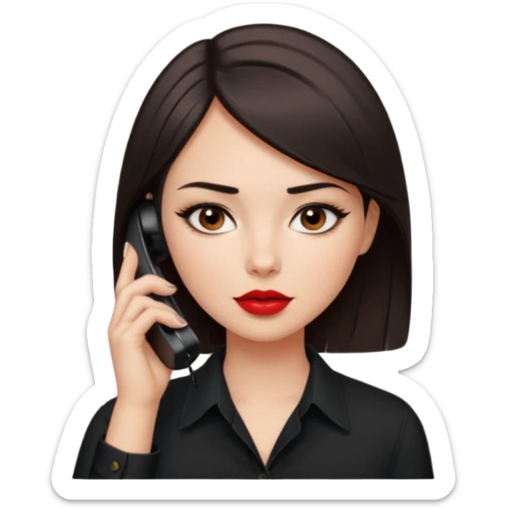 generate a pretty fair bratz girl with dark brown eyes. Dark brown hair straight short hair. tight black button up shirt with top shirt open.  Talking on the phone. Red lipstick, eyeliner on sticker