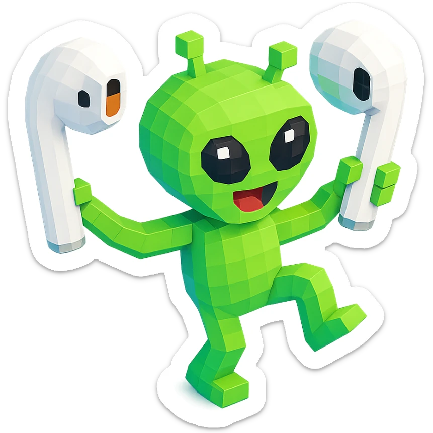 white EarPods headphones floating in space, with a cartoonish alien dancing while holding them sticker