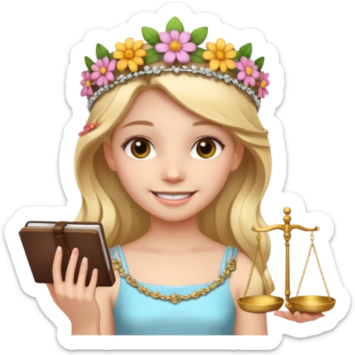 smiling girl with a flower tiara holding legal scales sticker