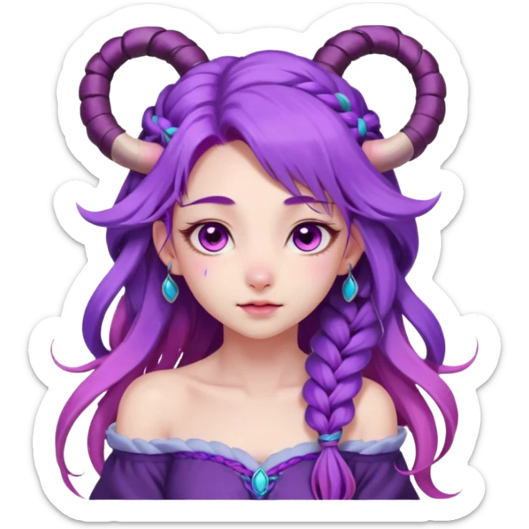 1 girl, long flowing purple hair with braided strands, vibrant and soft color palette, inspired by spirit blossom theme, long hair, loose wave straight haircut, sheep horns, pink eyes, young, skinny, japanese themed,  blossom, league of legends character, shy expression, blush, (off shoulder) sticker