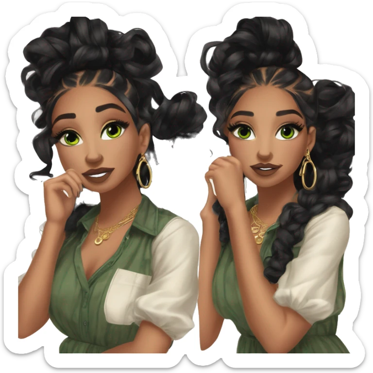 Glamorous, streetwear or cocktail dress, black balayage hair, half up half down hair, olive skin, green almond eyes, winged eyeliner with big lashes, wearing hooped earrings, rings and bracelets  sticker