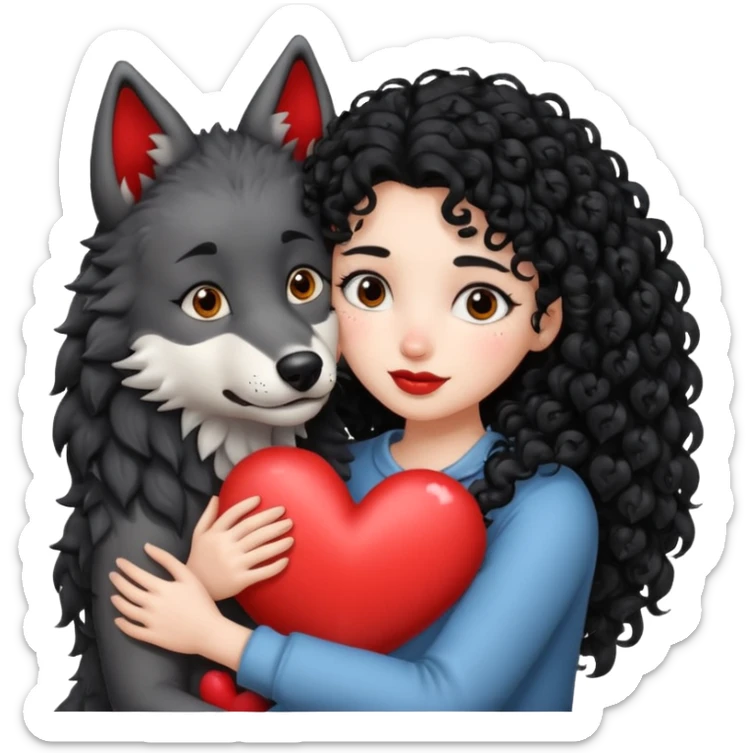 Black curly hair white skin girl hugging one big wolf with hearts above them sticker