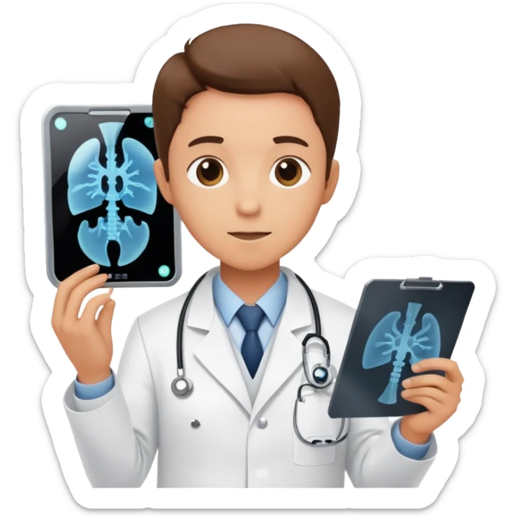 A medical professional in a white lab coat examining an X-ray film, wearing a radiation badge sticker