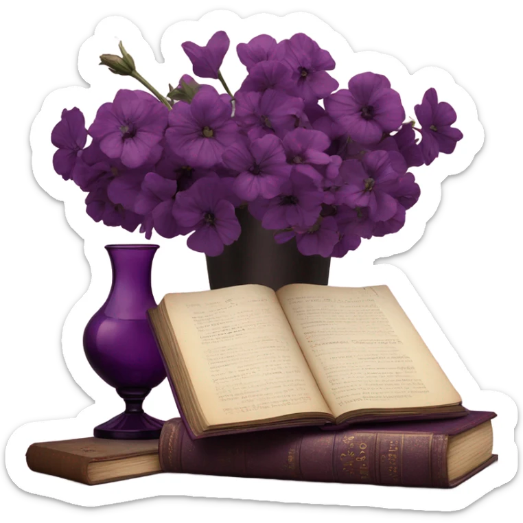 An aesthetic arrangement of a violet vintage book and dark magenta flowers in a light violet glass vase, surrounded by antique letters sticker