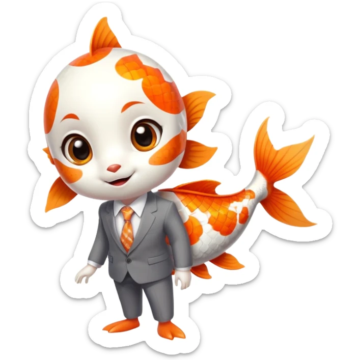 A super cute and fun koi fish character with big anime eyes, rosy cheeks, playful smile, sleek rounded body with orange and white patterns, wearing a neat business suit, white shirt, and tiny tie sticker