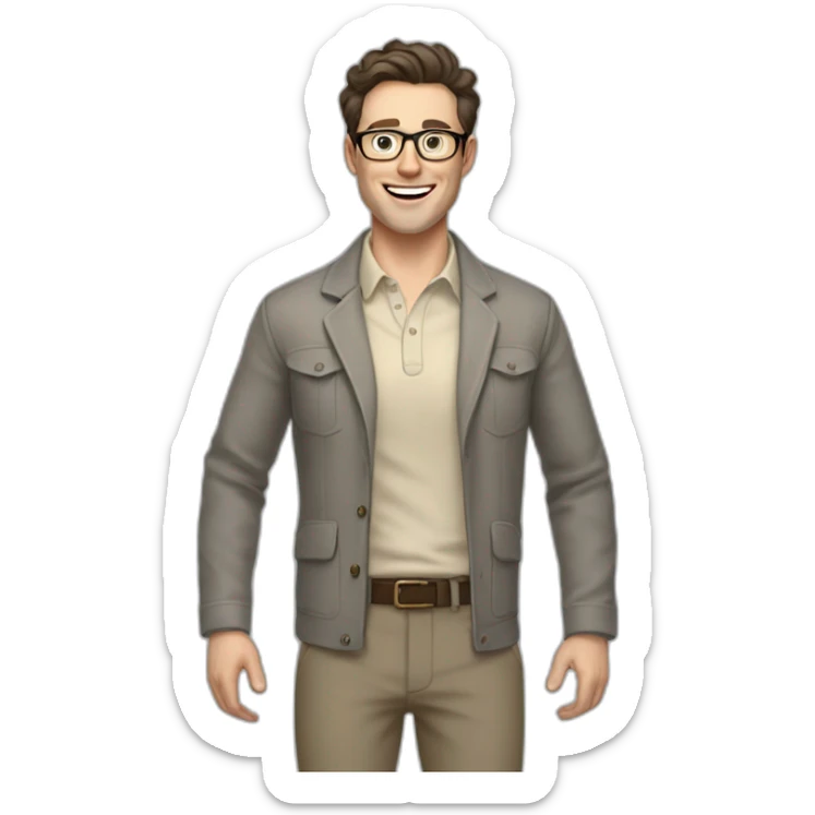 Joyful Full height Pale skinned Fit Man With dark brown hair in gray jacket, beige office shirt, Brown pants and vintage glasses. His thrumbs up sticker