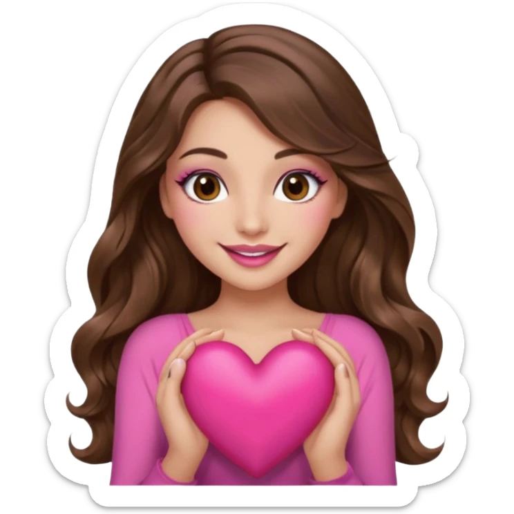 girl with long wavy brown hair, brown eyes, long lashes makeup, sexy pink lips, light to medium complexion, wearing a pink sexy top, smiling, holding a big heart sticker