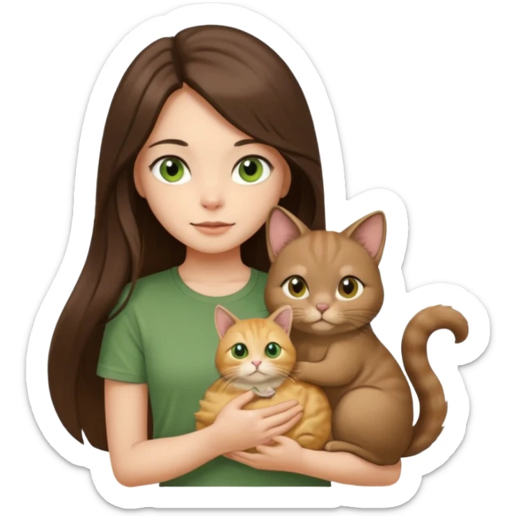 brunette girl with long hair and brown eyes in a brown T-shirt holds a golden chinchilla cat in her arms a cat with green eyes sticker