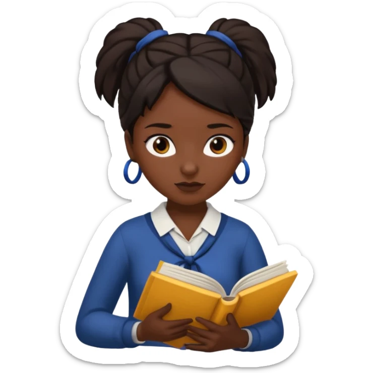create an emoji where a girl with dark hair tied at the top  is reading  sticker