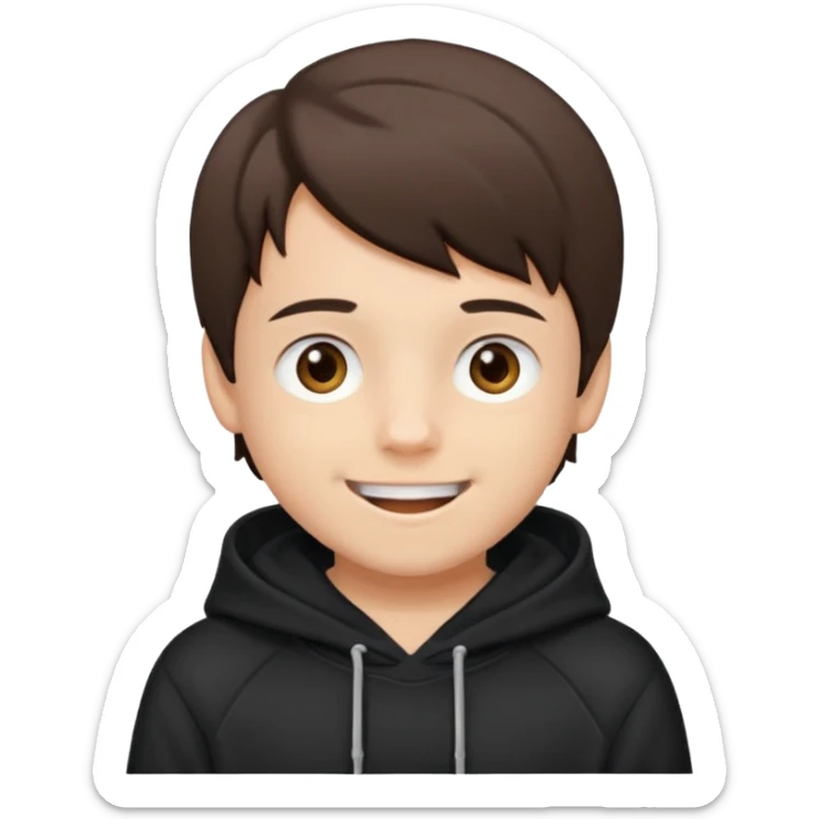 A brunette boy, short straight hair, light brown eyes, with a black sweatshirt with a hoodie, and smile without teeth  sticker