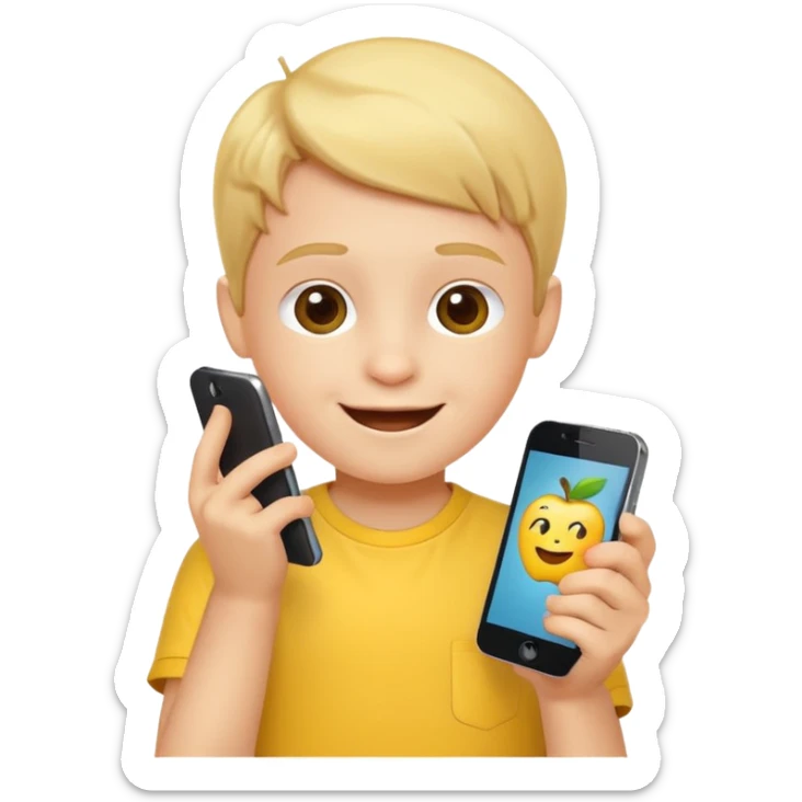 happy little kid with a phone, apple style emoji, wearing a yellow shirt, concise style typical of apple emojis sticker