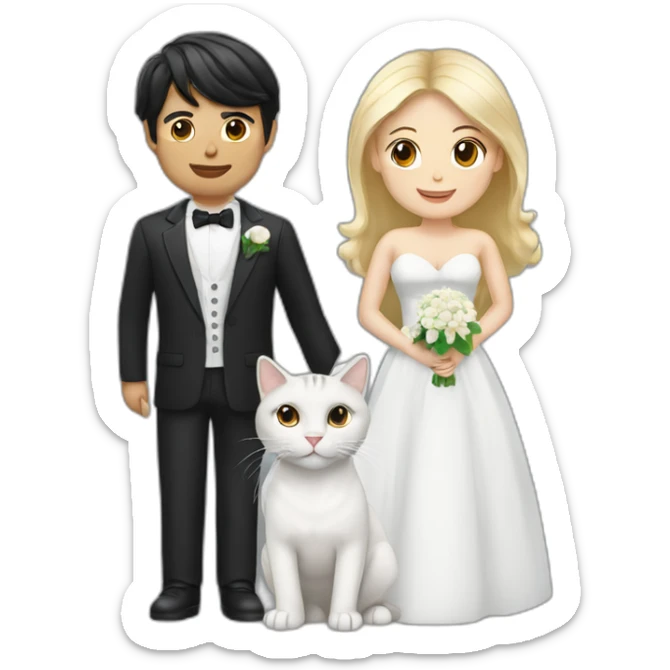 blond man, black hair white skin woman, marriage and holding gray cat sticker