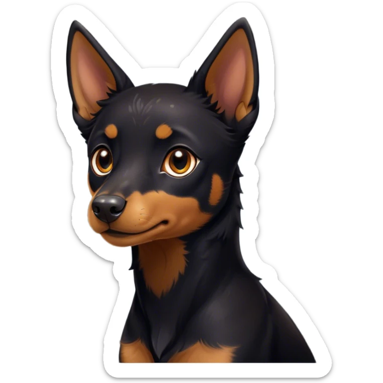 Cinematic Cute Black and Tan Kelpie Portrait Emoji, Head tilted playfully and inquisitively, featuring a sleek black Fur with vibrant tan markings, round, sparkling dark eyes filled with curiosity, Simplified yet irresistibly adorable features, highly detailed, glowing with a warm, friendly glow, high shine, affectionate and spirited, stylized with a touch of whimsy, bright and endearing, soft glowing outline, capturing the essence of a mischievous yet loving herder, so playful it feels like it could leap out of the screen and into your arms! sticker