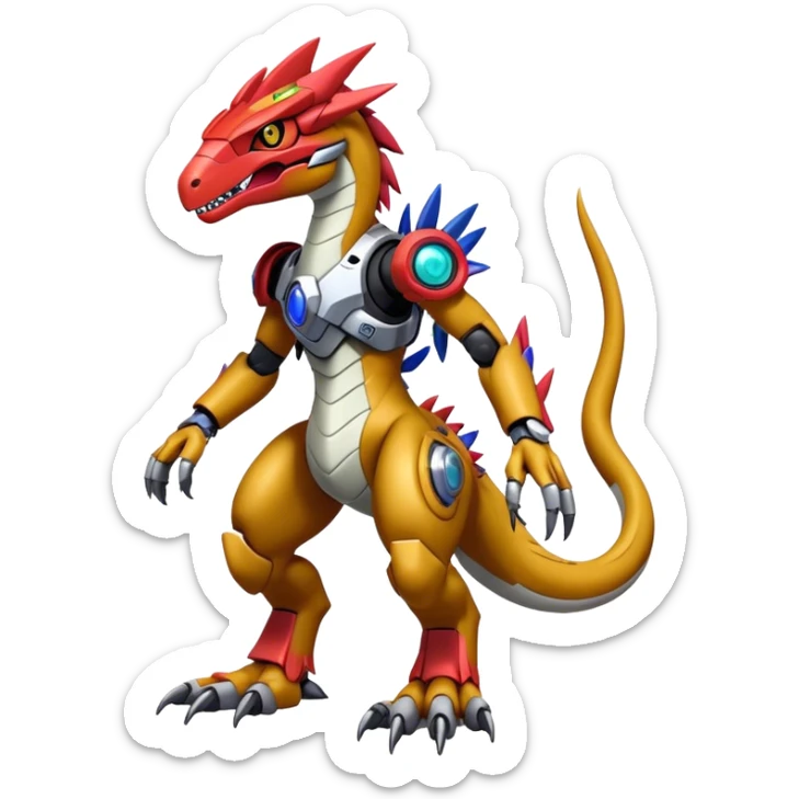 Furry maned Cool Edgy Futuristic shiny colorful cyborg-Digimon-Fakemon-Guilmon-Velociraptor-Mecha full body  sticker