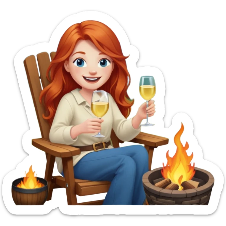 Laughing redhead with long hair and blue eyes holding chardonnay sitting in chair beside fire pit  sticker