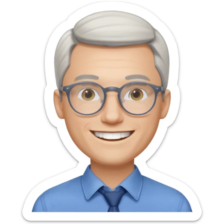 30 yr old pale white man, white/grey side swept stylish hair, round glasses, big smile, white teeth, handsome, longer hair, thin glasses, blue dress shirt sticker