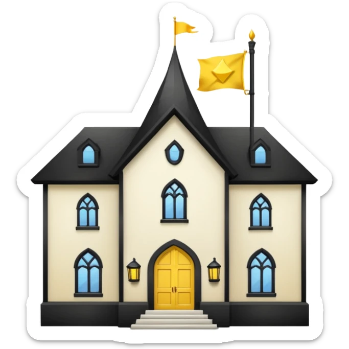white background, magic school, black roof, with a big flag, big flag on a roof, big yellow flag, white school sticker