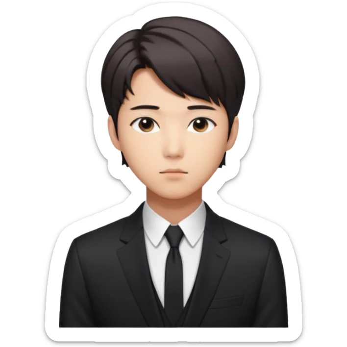 Create a Korean male idol in sleek black suit, side-swept hair & serious gaze, inspired by RM of BTS. sticker