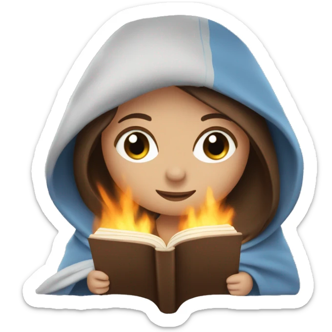 Girl with brown hair and blue eyes in a blanket reading a book by the fire sticker