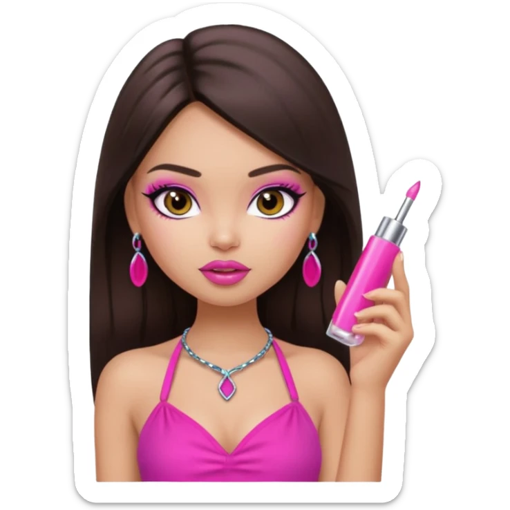 generate a pretty fair bratz girl with dark brown eyes, dark brown hair straight long. Wearing a hot pink halter neck top.  pink lipgloss sticker