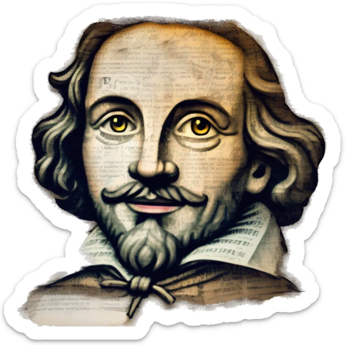 Glowing Shakespeare made of newspaper and 420 hemp leaves and bokeh fairy lights lanterns stained glass, bokeh, annotated sketch, handwritten letters, collage of intricate patterns, lantern sticker