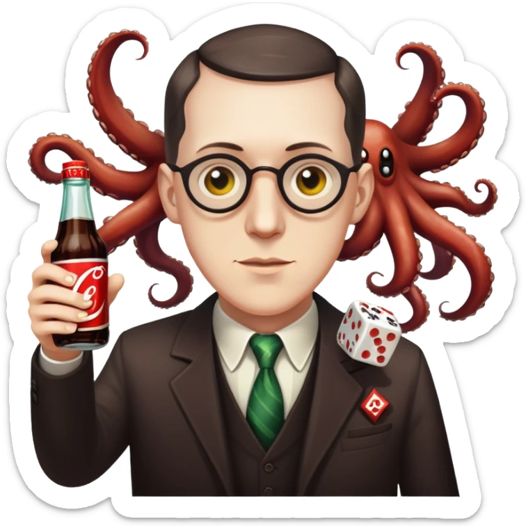 writer Lovecraft holding a bottle of cola and throwing dice, emoji style, with tentacles in the background sticker