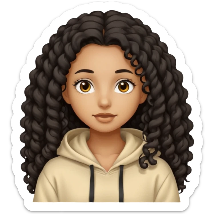 Tan skin girl with black very long curly hair, brown eyes, vanilla colored hoodie sticker