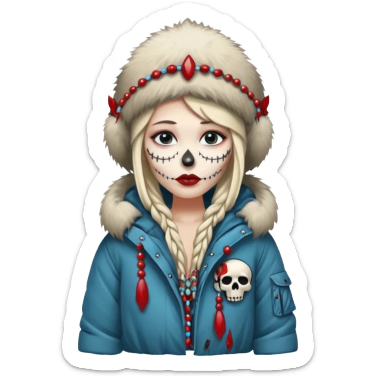 An attractive Alaskan princess, full body, facing to the right. In the style of your bleeding skull art. sticker