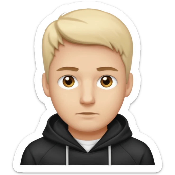 Crea un hombre alto, blanco, rubio, con ojos café claro, con músculos, camisa blanca con una sudadera negra, alto y guapo sticker