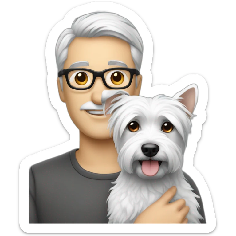 Gray hair man with glasses anda with westie dog girl sticker