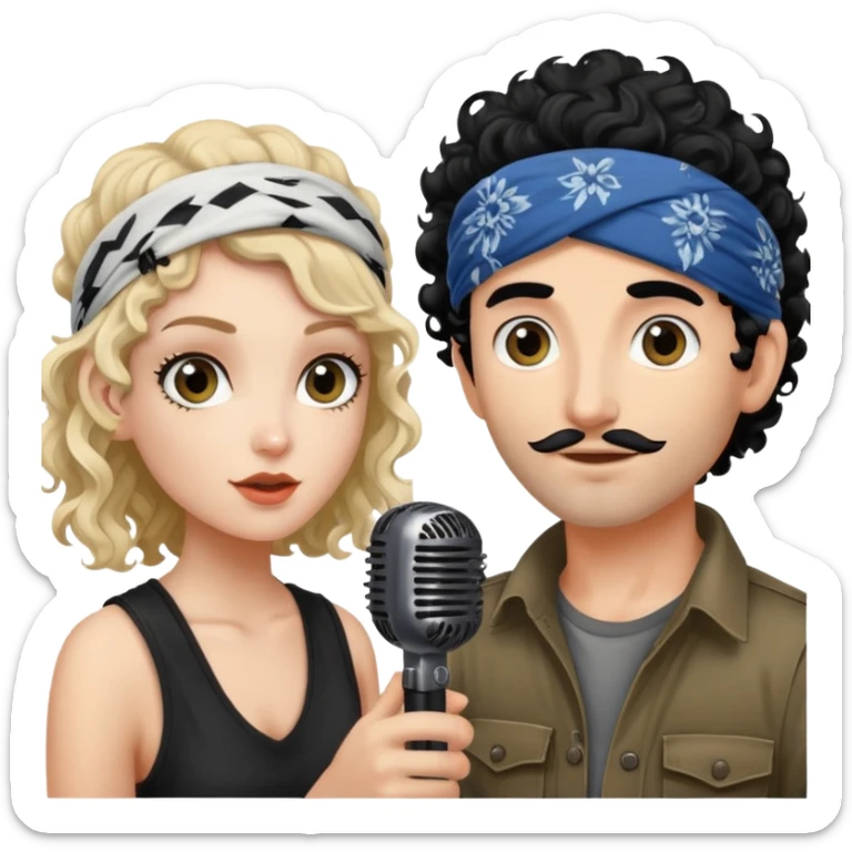 beautiful pale girl with black hair next to bug eyed tanned skin homeless man with bandana and curly hair whose holding microphone sticker