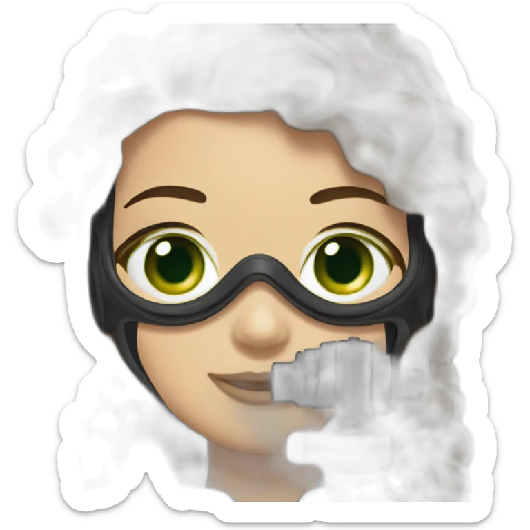 woman brown hair flaco diving mask with diving regulator in mouth, green eyes sticker