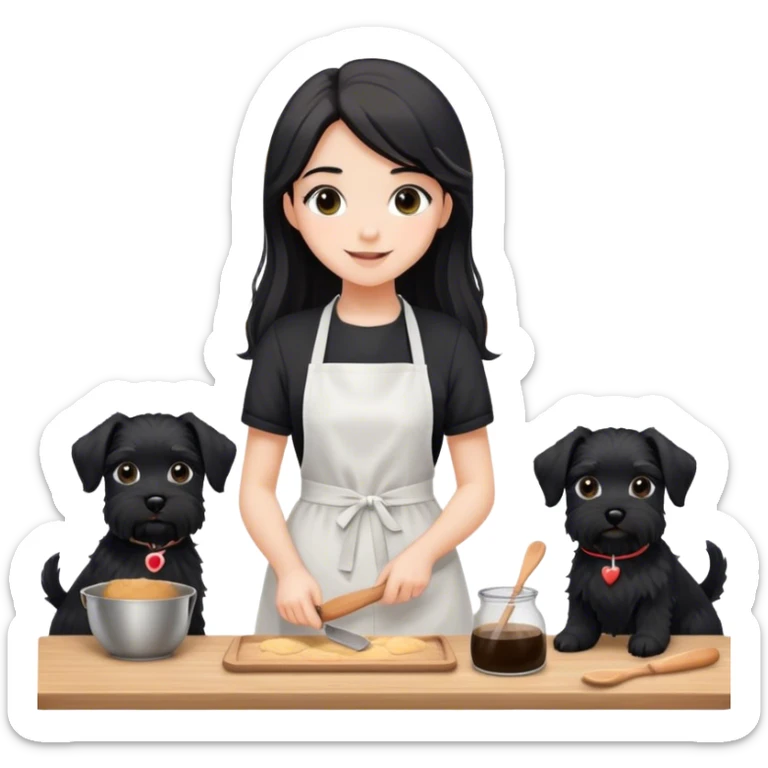 pale smiling girl baking with long back hair wearing black long shirt wearing apron holding black  schnauzer sticker