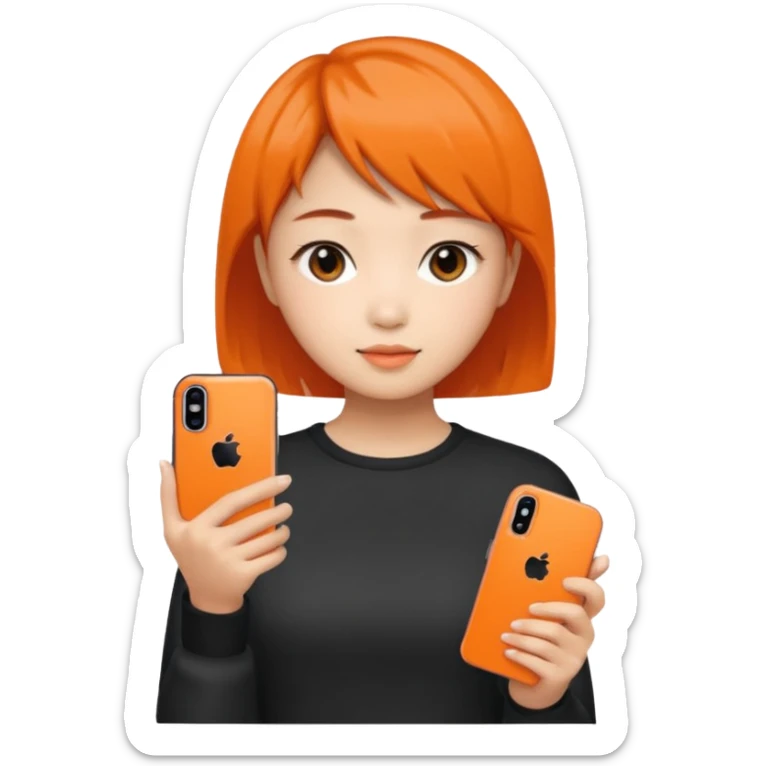 Asian girl with short hair girl holding iphone 17 pro orange sticker