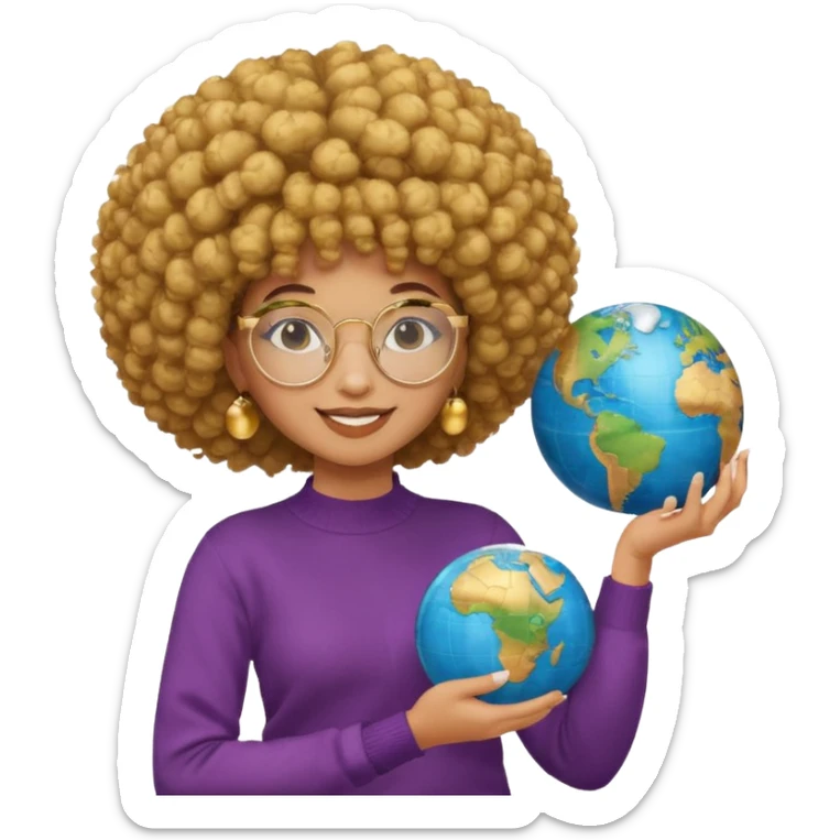 a young woman wearing gold round glasses and afro hair, she has medium/mate skin, she's wearing a sweater and she's holding a globe in her hand sticker