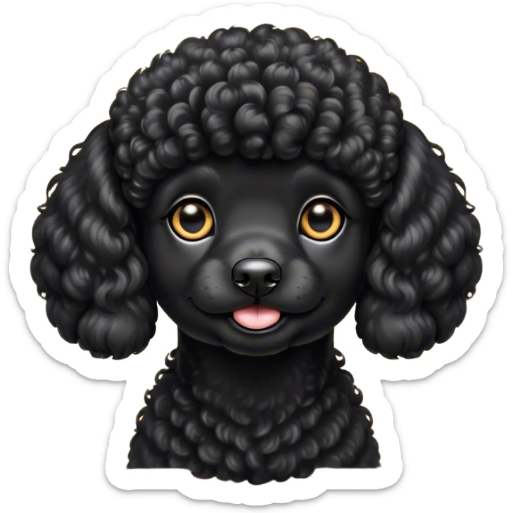 Cinematic Cute Black Poodle Portrait Emoji, Head tilted playfully and inquisitively, showcasing a bouncy, curly jet-black Fur with a striking sheen, round, sparkling dark eyes filled with curiosity, Simplified yet irresistibly adorable features, highly detailed, glowing with a warm, friendly glow, high shine, affectionate and lively, stylized with a touch of whimsy, bright and endearing, soft glowing outline, capturing the essence of a mischievous yet loving companion, so playful it feels like it could bounce out of the screen and into your arms! sticker