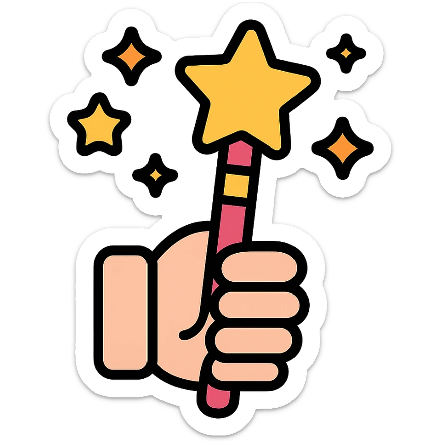 colorful magic wand gripped by a cute hand, stars floating around, kawaii icon style sticker