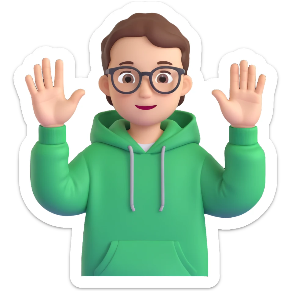 kid holding an iPad, child with glasses, green hoodie, waving with one hand sticker