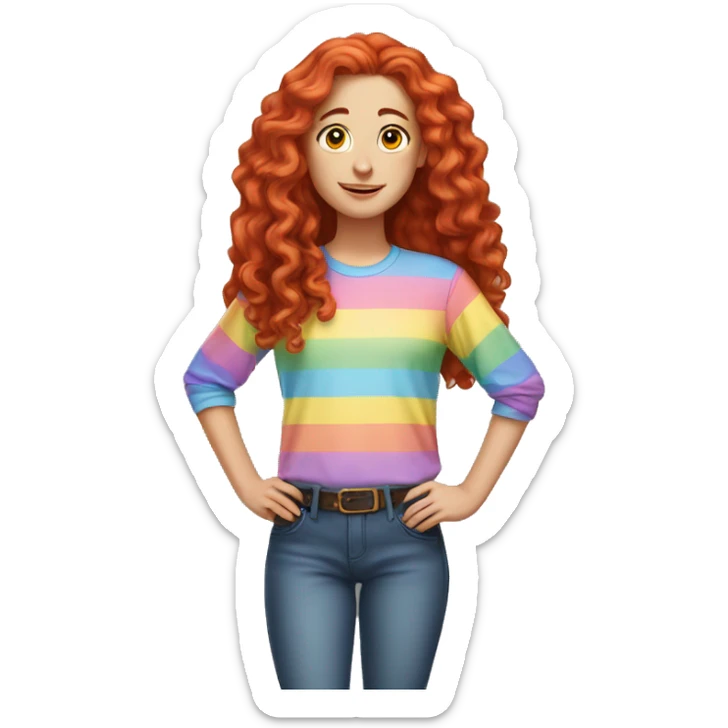 white girl with long red curly hair, wearing a pastel rainbow shirt doing a pose sticker