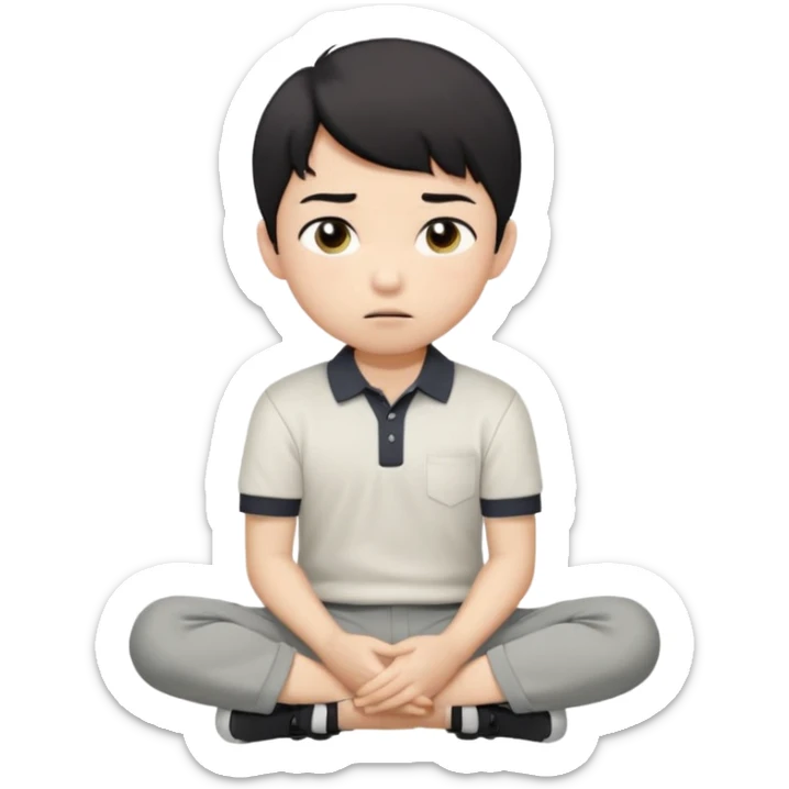 A cartoon young Asian boy with short black hair, light beige skin, and large expressive eyes, wearing a white polo shirt, gray pants, and black shoes. He sits cross-legged on the ground, one fist resting on his cheek, with a closed-mouth smirk. Clean lines, flat colors, solid black background. sticker