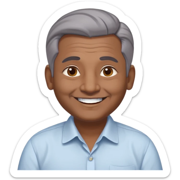 50 yr old indian man, dark skin, grey hair, big smile, white teeth, chubby, no moustache, clean shaven, young style hair, hair brushed back, 5 oclock shadow, bindy, dress shirt, forehead dot, chubby sticker