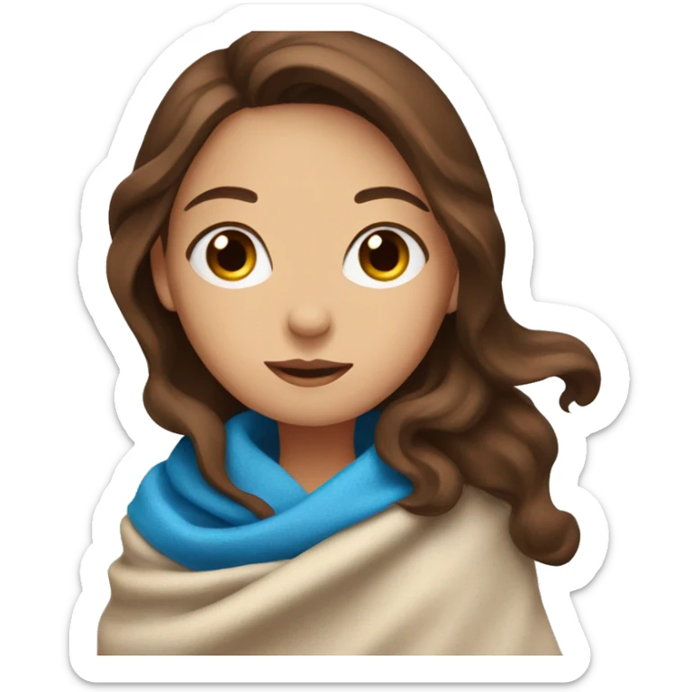A woman with blue eyes and brown hair has a blanket sticker
