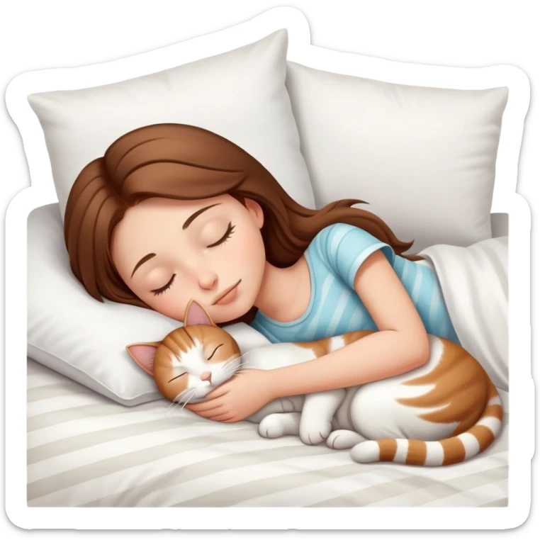 side view brown haired teenage girl sleeping with white cat that has beige stripes on a white pillow with white sheets sticker