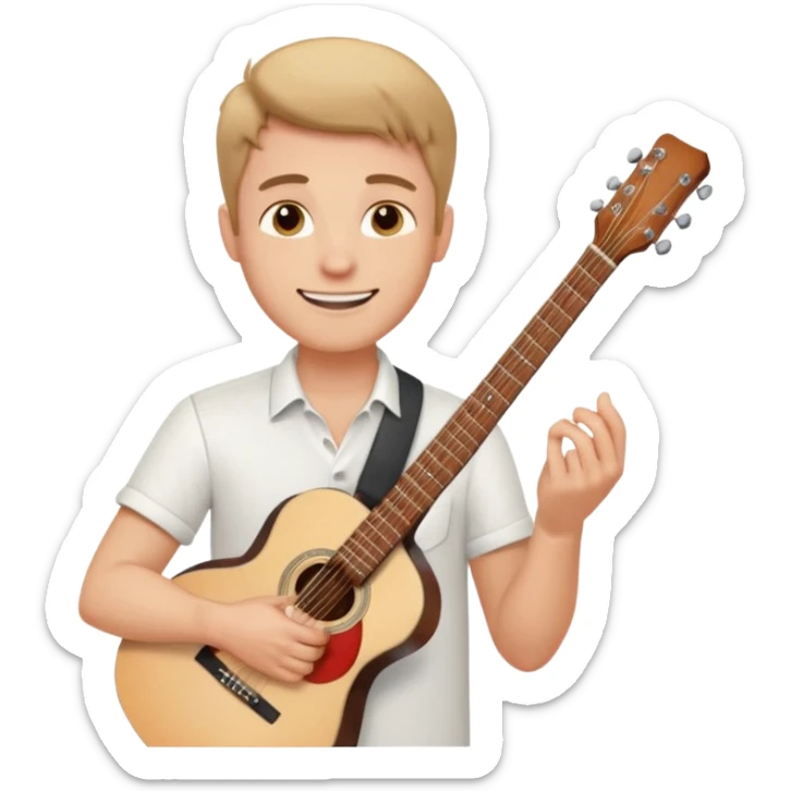 male memoji, man in a white shirt, holding a guitar, dreamy smile sticker