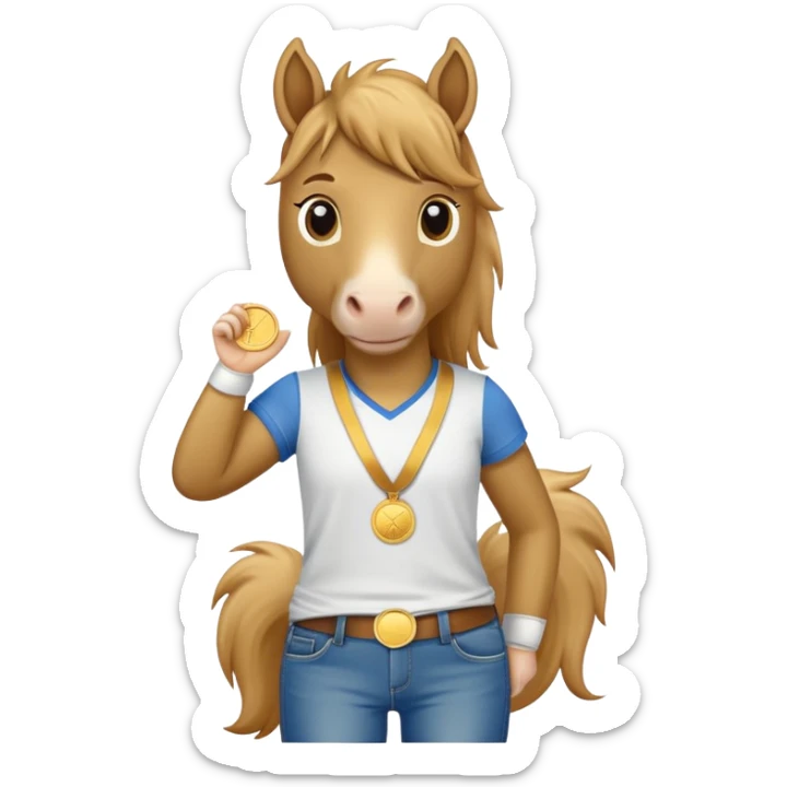 anthropomorphised horse wearing jeans, a t-shirt, and a gold medal sticker